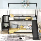 Lit superposé maison double en métal avec toboggan et escalier, cadre de lit superposé convertible avec toboggan et escalier pour enfants et adolescents