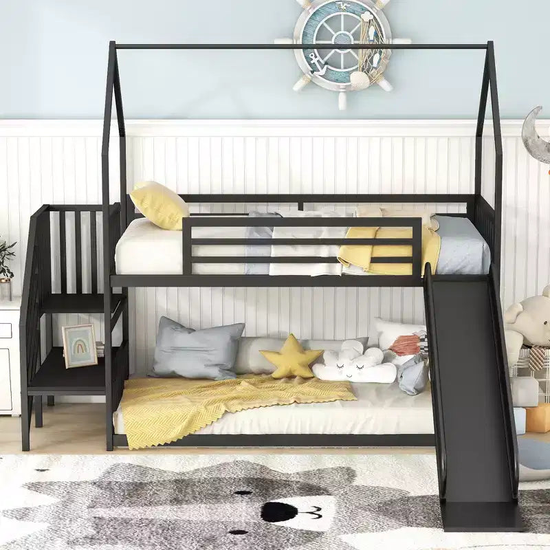 Lit superposé maison double en métal avec toboggan et escalier, cadre de lit superposé convertible avec toboggan et escalier pour enfants et adolescents