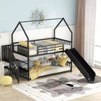 Lit superposé maison double en métal avec toboggan et escalier, cadre de lit superposé convertible avec toboggan et escalier pour enfants et adolescents