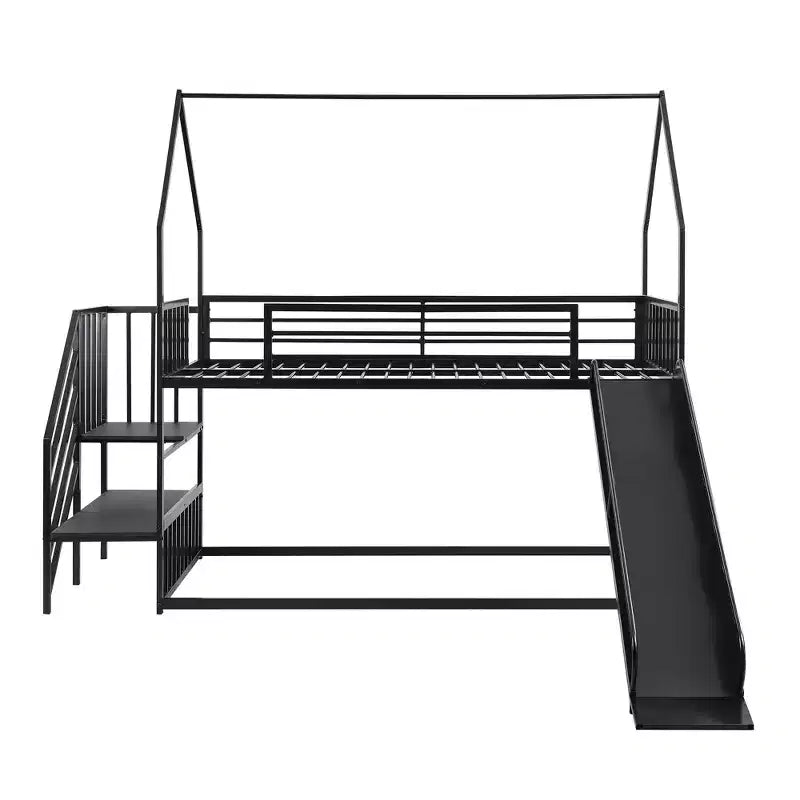 Lit superposé maison double en métal avec toboggan et escalier, cadre de lit superposé convertible avec toboggan et escalier pour enfants et adolescents