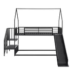 Lit superposé maison double en métal avec toboggan et escalier, cadre de lit superposé convertible avec toboggan et escalier pour enfants et adolescents