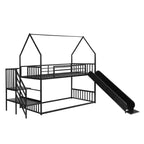 Lit superposé maison double en métal avec toboggan et escalier, cadre de lit superposé convertible avec toboggan et escalier pour enfants et adolescents