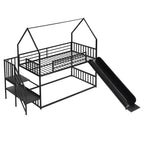 Lit superposé maison double en métal avec toboggan et escalier, cadre de lit superposé convertible avec toboggan et escalier pour enfants et adolescents