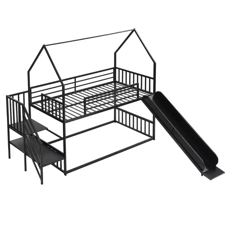 Lit superposé maison double en métal avec toboggan et escalier, cadre de lit superposé convertible avec toboggan et escalier pour enfants et adolescents