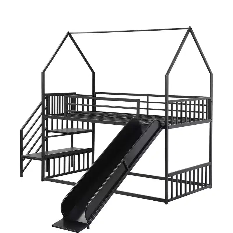 Lit superposé maison double en métal avec toboggan et escalier, cadre de lit superposé convertible avec toboggan et escalier pour enfants et adolescents