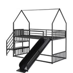 Lit superposé maison double en métal avec toboggan et escalier, cadre de lit superposé convertible avec toboggan et escalier pour enfants et adolescents