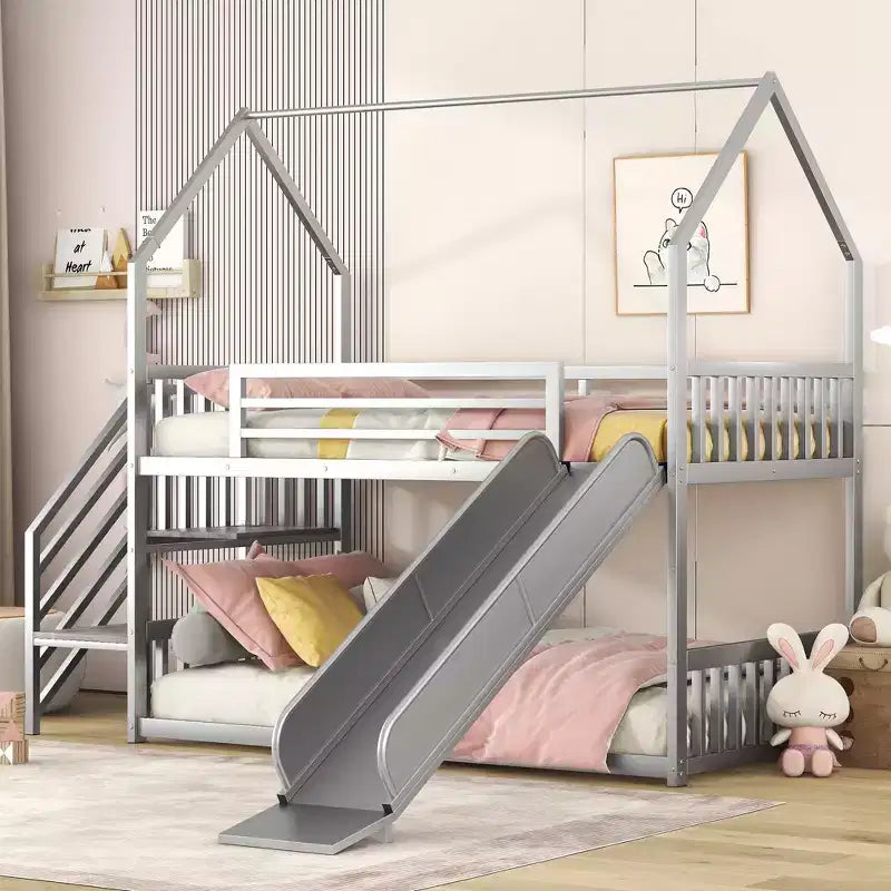 Lit superposé maison double en métal avec toboggan et escalier, cadre de lit superposé convertible avec toboggan et escalier pour enfants et adolescents