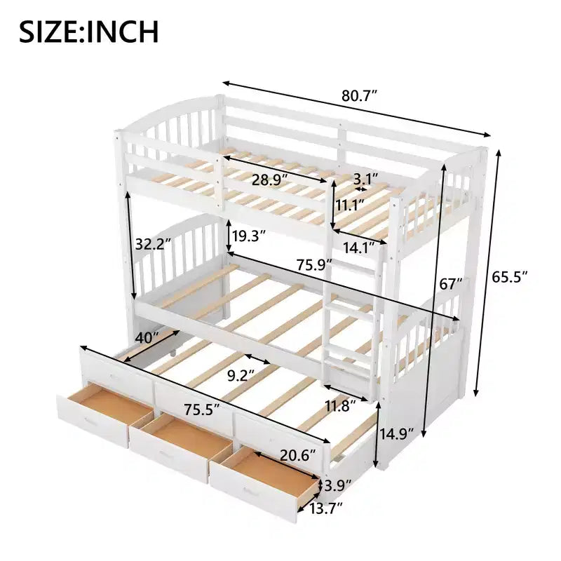 Lit superposé jumeau sur jumeau avec lit gigogne et tiroirs de rangement, lits superposés en bois massif pour meubles de chambre à coucher