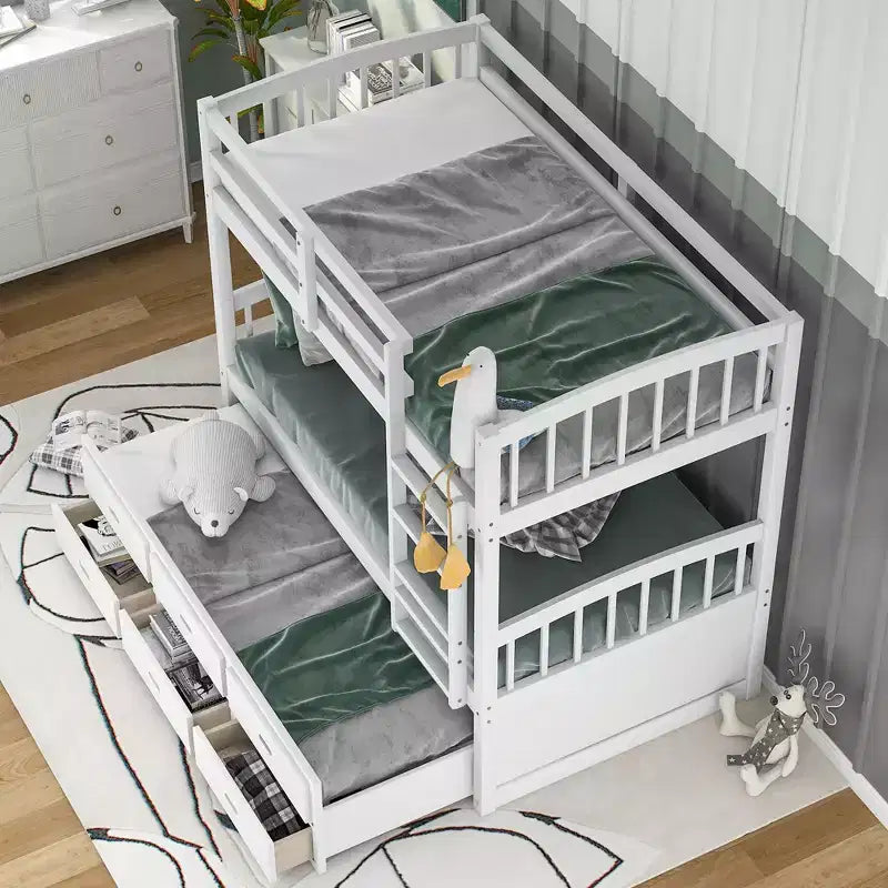 Lit superposé jumeau sur jumeau avec lit gigogne et tiroirs de rangement, lits superposés en bois massif pour meubles de chambre à coucher