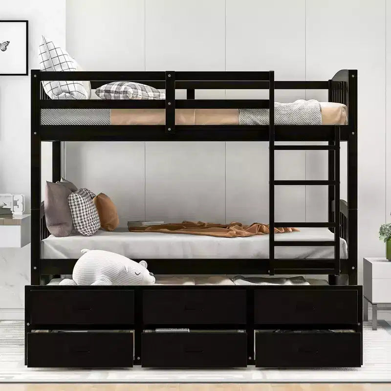 Lit superposé jumeau sur jumeau avec lit gigogne et tiroirs de rangement, lits superposés en bois massif pour meubles de chambre à coucher