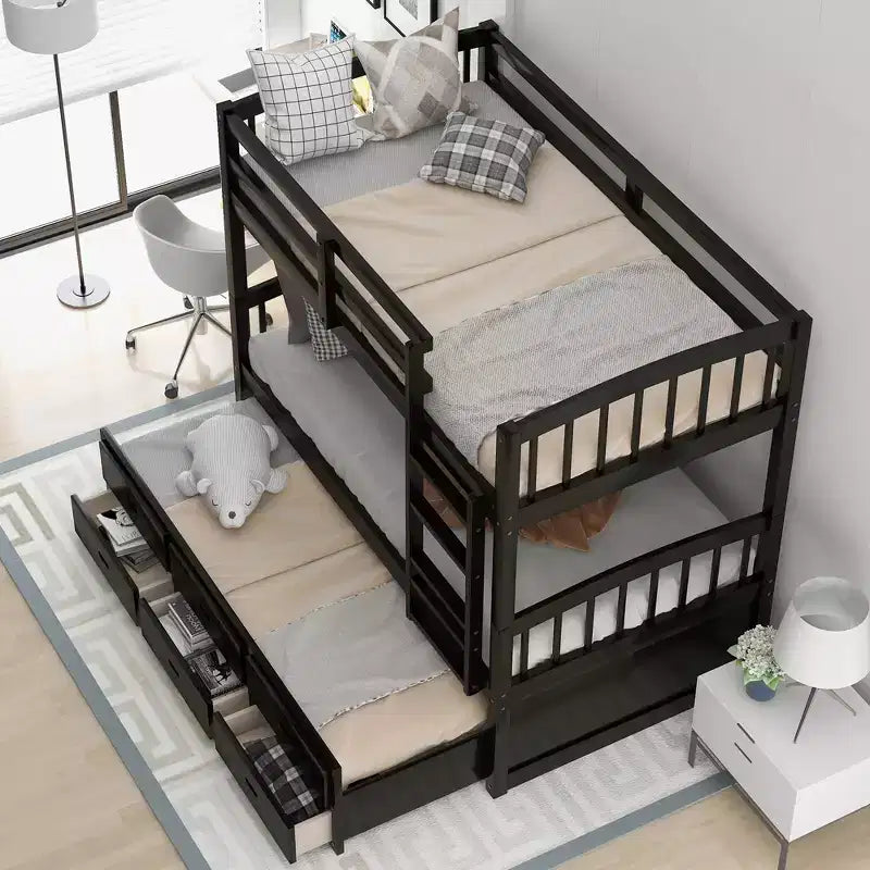 Lit superposé jumeau sur jumeau avec lit gigogne et tiroirs de rangement, lits superposés en bois massif pour meubles de chambre à coucher