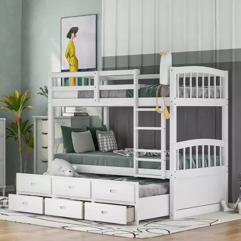 Lit superposé jumeau sur jumeau avec lit gigogne et tiroirs de rangement, lits superposés en bois massif pour meubles de chambre à coucher