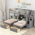 Triple Bunk Bed with Stairs and Storage Drawers, Twin over Twin & Twin Triple Bunk Beds with Shelves, Wooden 3 Bed Bunk Beds for Kids, Gray