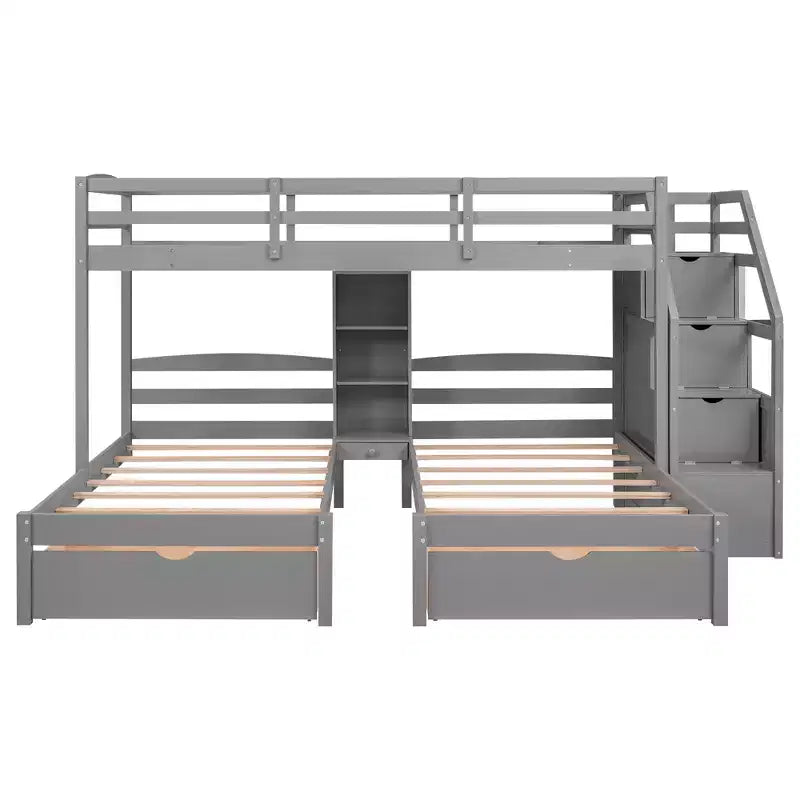Lits superposés triples avec escalier et tiroirs de rangement, lits superposés triples avec étagères, lits superposés triples en bois pour enfants, gris