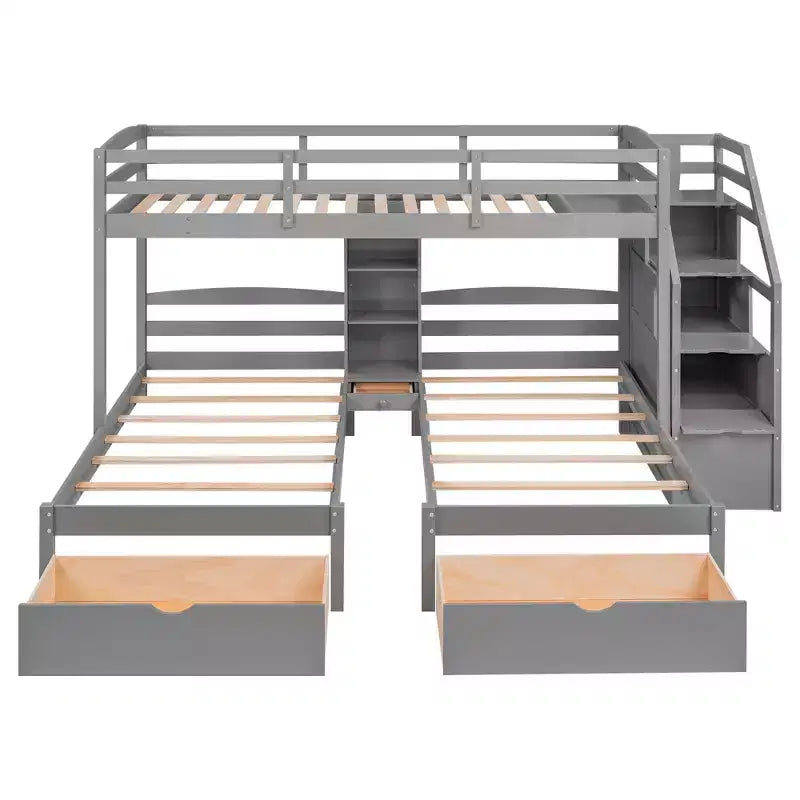 Lits superposés triples avec escalier et tiroirs de rangement, lits superposés triples avec étagères, lits superposés triples en bois pour enfants, gris