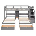 Lits superposés triples avec escalier et tiroirs de rangement, lits superposés triples avec étagères, lits superposés triples en bois pour enfants, gris