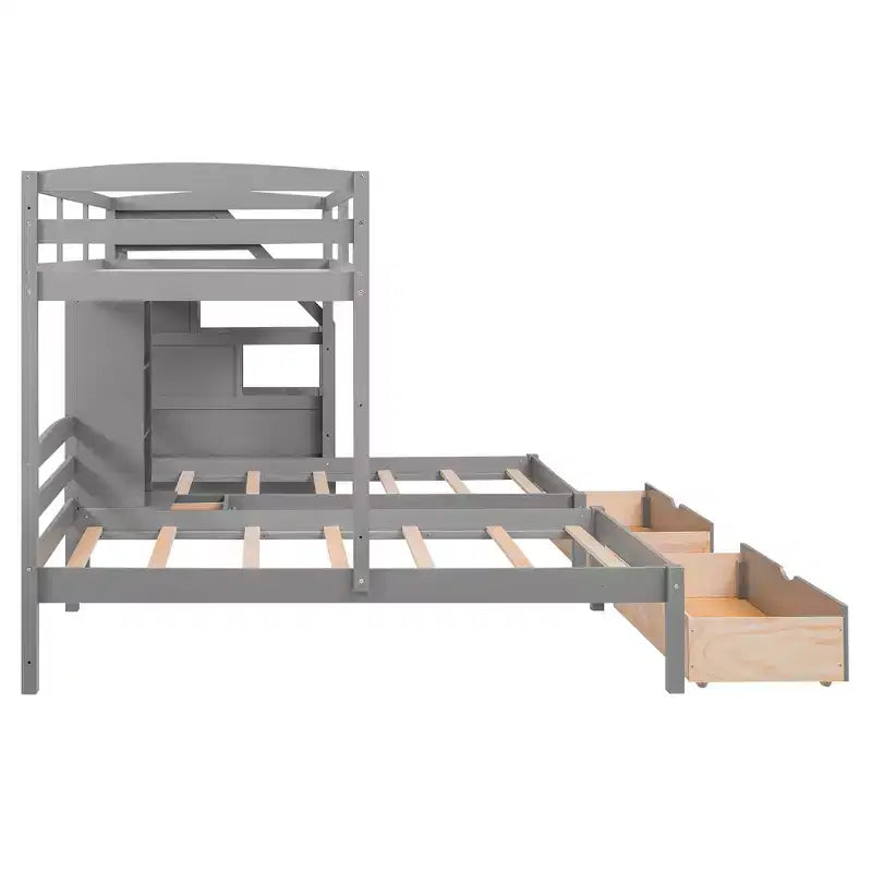 Lits superposés triples avec escalier et tiroirs de rangement, lits superposés triples avec étagères, lits superposés triples en bois pour enfants, gris