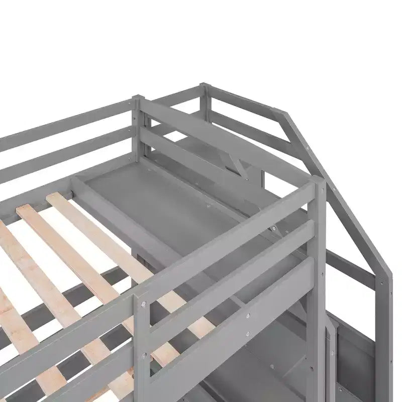 Lits superposés triples avec escalier et tiroirs de rangement, lits superposés triples avec étagères, lits superposés triples en bois pour enfants, gris
