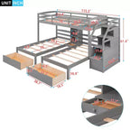 Lits superposés triples avec escalier et tiroirs de rangement, lits superposés triples avec étagères, lits superposés triples en bois pour enfants, gris