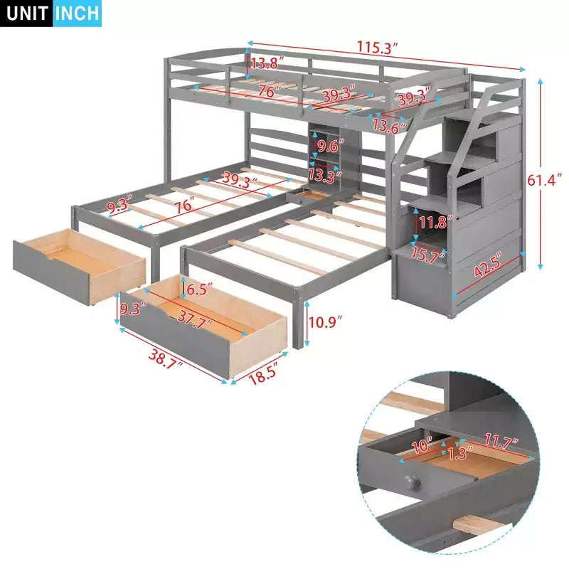 Lits superposés triples avec escalier et tiroirs de rangement, lits superposés triples avec étagères, lits superposés triples en bois pour enfants, gris