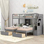 Lits superposés triples avec escalier et tiroirs de rangement, lits superposés triples avec étagères, lits superposés triples en bois pour enfants, gris