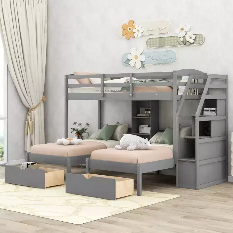 Lits superposés triples avec escalier et tiroirs de rangement, lits superposés triples avec étagères, lits superposés triples en bois pour enfants, gris
