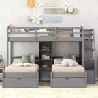 Lits superposés triples avec escalier et tiroirs de rangement, lits superposés triples avec étagères, lits superposés triples en bois pour enfants, gris
