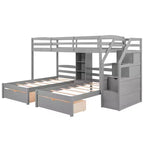 Lits superposés triples avec escalier et tiroirs de rangement, lits superposés triples avec étagères, lits superposés triples en bois pour enfants, gris