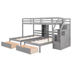 Lits superposés triples avec escalier et tiroirs de rangement, lits superposés triples avec étagères, lits superposés triples en bois pour enfants, gris