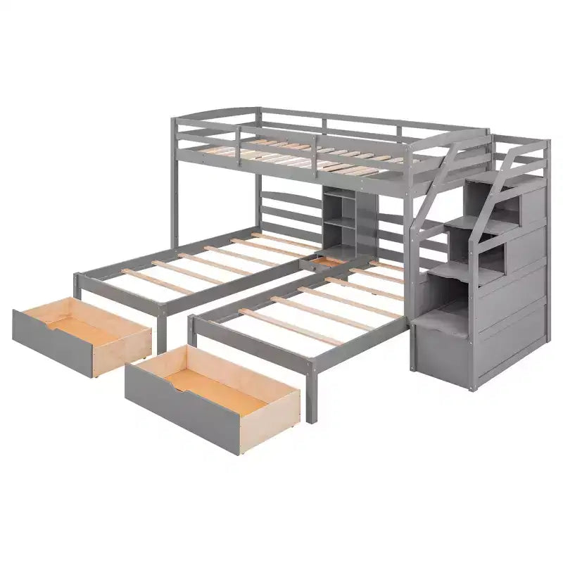 Lits superposés triples avec escalier et tiroirs de rangement, lits superposés triples avec étagères, lits superposés triples en bois pour enfants, gris