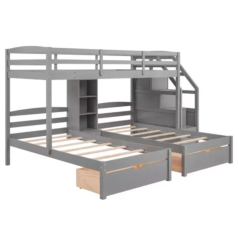 Lits superposés triples avec escalier et tiroirs de rangement, lits superposés triples avec étagères, lits superposés triples en bois pour enfants, gris