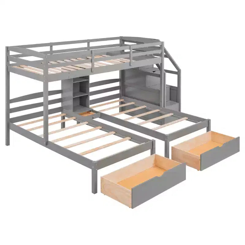 Lits superposés triples avec escalier et tiroirs de rangement, lits superposés triples avec étagères, lits superposés triples en bois pour enfants, gris