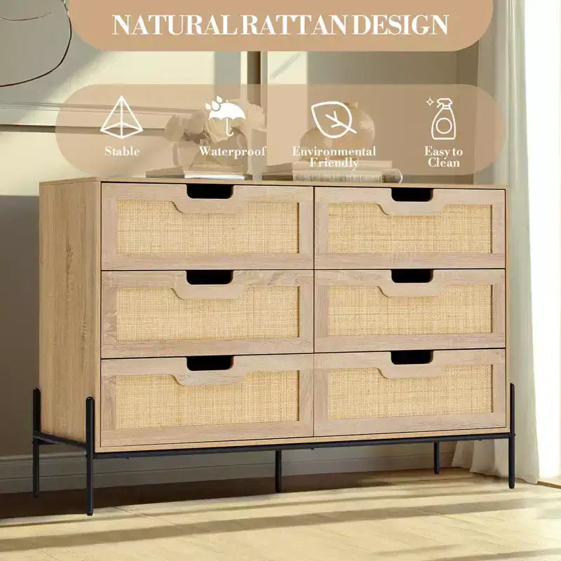 Commode à 6 tiroirs pour chambre à coucher, Table console en rotin pour chambre à coucher
