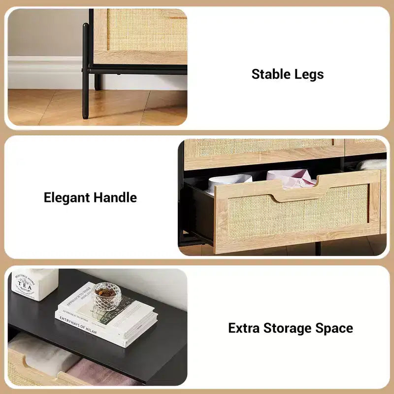 Commode à 6 tiroirs pour chambre à coucher, Table console en rotin pour chambre à coucher