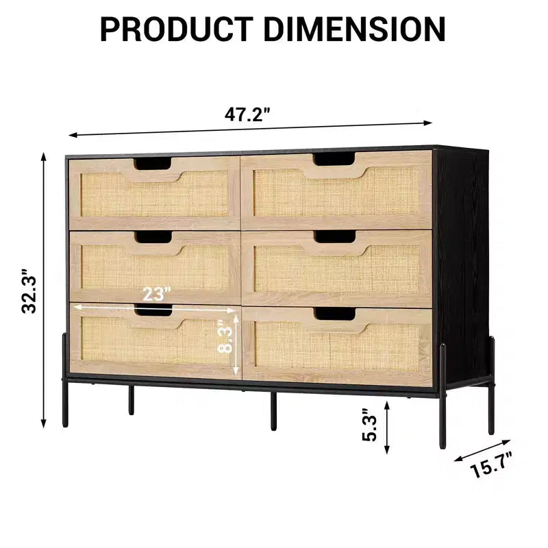 Commode à 6 tiroirs pour chambre à coucher, Table console en rotin pour chambre à coucher