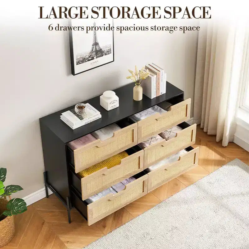 Commode à 6 tiroirs pour chambre à coucher, Table console en rotin pour chambre à coucher