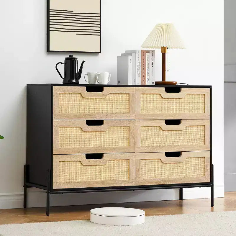 6-Drawer Dresser for Bedroom Rattan Console Table for Bedroom