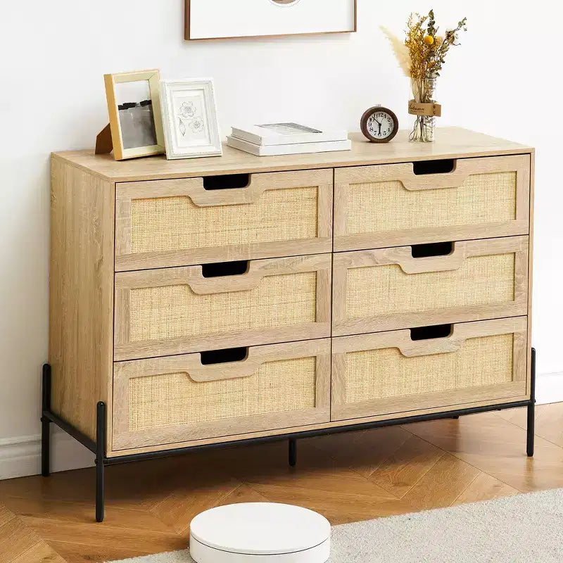 Commode à 6 tiroirs pour chambre à coucher, Table console en rotin pour chambre à coucher