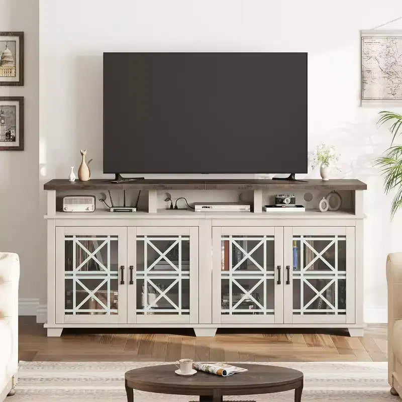 Meuble TV de ferme Acekool pour téléviseur de 70 pouces, centre de divertissement moderne avec portes vitrées et rangement, meuble console média pour salon, blanc