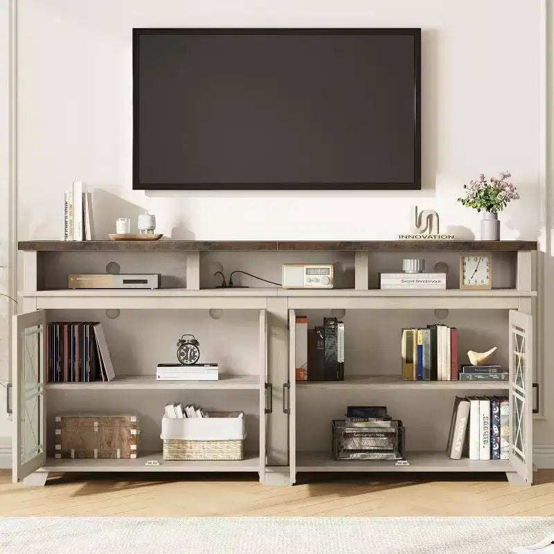 Meuble TV de ferme Acekool pour téléviseur de 70 pouces, centre de divertissement moderne avec portes vitrées et rangement, meuble console média pour salon, blanc