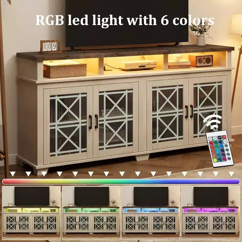 Meuble TV de ferme Acekool pour téléviseur de 70 pouces, centre de divertissement moderne avec portes vitrées et rangement, meuble console média pour salon, blanc