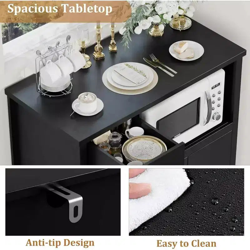 Meubles de cuisine à micro-ondes GustoWave avec rangement, avec 3 portes, 1 tiroir et étagères réglables, armoire de rangement de garde-manger