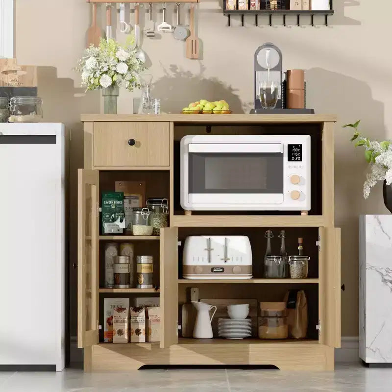 Meubles de cuisine à micro-ondes GustoWave avec rangement, avec 3 portes, 1 tiroir et étagères réglables, armoire de rangement de garde-manger