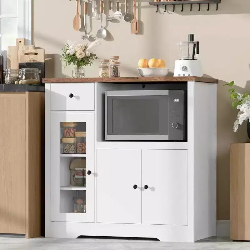 Meubles de cuisine à micro-ondes GustoWave avec rangement, avec 3 portes, 1 tiroir et étagères réglables, armoire de rangement de garde-manger