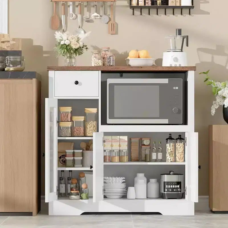 Meubles de cuisine à micro-ondes GustoWave avec rangement, avec 3 portes, 1 tiroir et étagères réglables, armoire de rangement de garde-manger