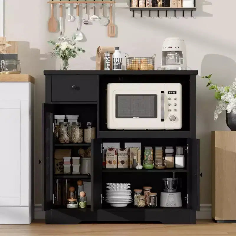 Meubles de cuisine à micro-ondes GustoWave avec rangement, avec 3 portes, 1 tiroir et étagères réglables, armoire de rangement de garde-manger