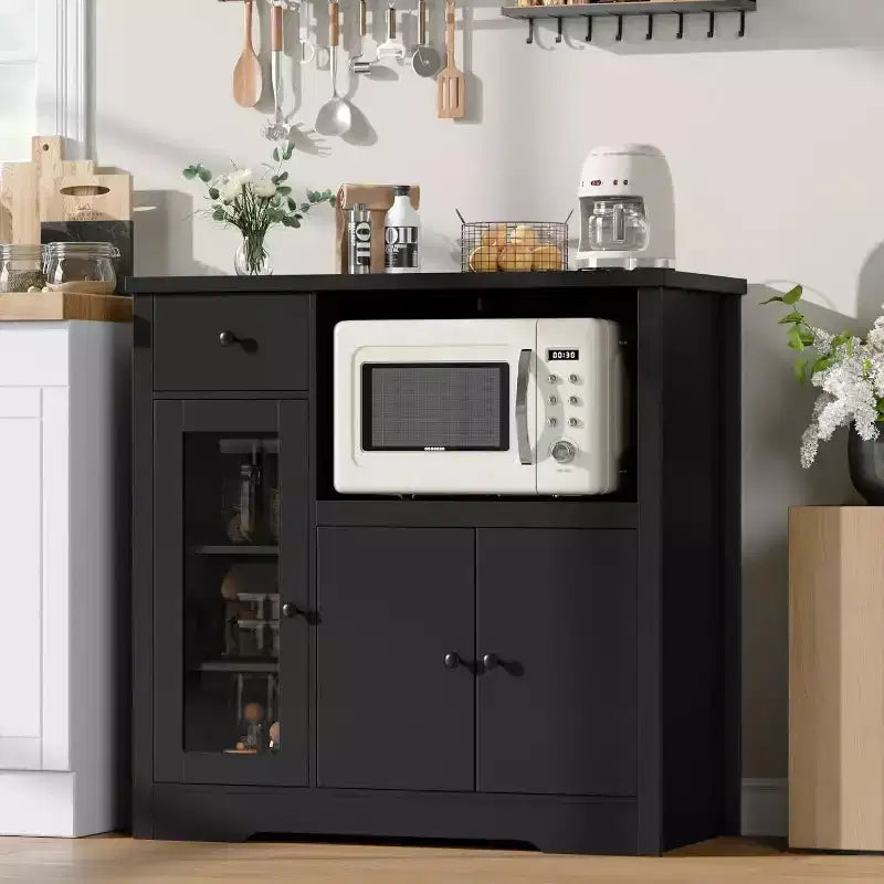 Meubles de cuisine à micro-ondes GustoWave avec rangement, avec 3 portes, 1 tiroir et étagères réglables, armoire de rangement de garde-manger
