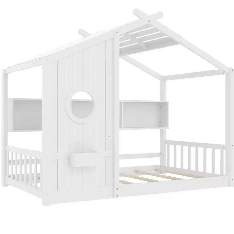 Lit cabane Polibi avec étagères de rangement intégrées et toit à lattes