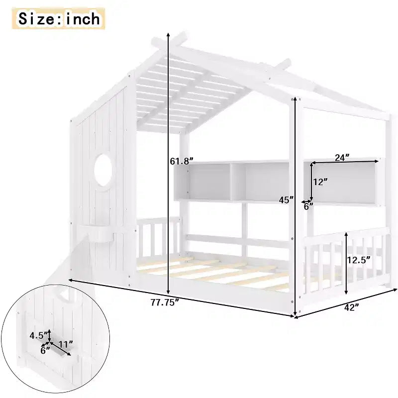 Lit cabane Polibi avec étagères de rangement intégrées et toit à lattes