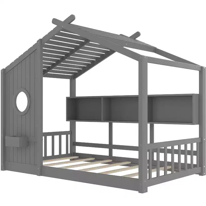 Lit cabane Polibi avec étagères de rangement intégrées et toit à lattes